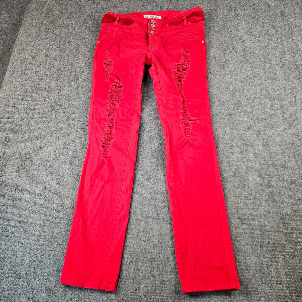 Silver Diva Red Distressed High Waisted Skinny Jeans Velvet Trim Size 11